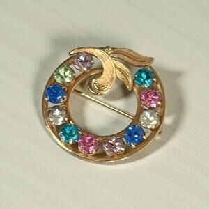 Vintage Van Dell 1/20 12K GF Rhinestone Circle Brooch Wreath Pin Mid Century